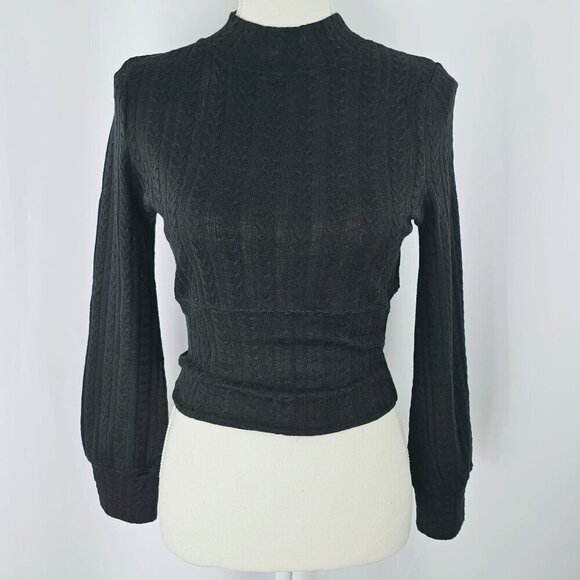Band Of The Free Black Cable Knit Mock Neck Cropped Sweater Women's Size M NWT - Picture 1 of 15